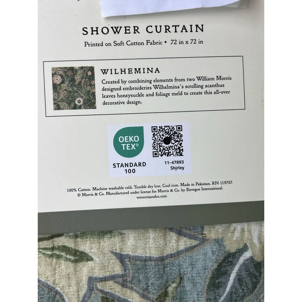 William Morris & Co Wilhemina Shower Curtain Green Floral Boho Textured Fabric